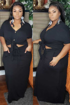 Black Polyester Fashion Sexy adult Ma'am V Neck Patchwork Solid Two Piece Suits Stitching Plus Size