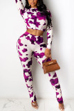 Purple Casual Print Patchwork O Neck Long Sleeve Two Pieces