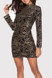 Gold Fashion Sexy Embroidery Sequins Patchwork Half A Turtleneck Long Sleeve Dresses