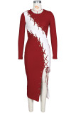 Red Sexy Solid Hollowed Out Split Joint Frenulum O Neck A Line Dresses