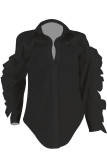 Black Notched Long Sleeve Draped Solid asymmetrical Blouses & Shirts