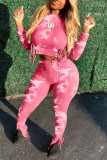 Grey Fashion Casual Print Tie Dye Tie-dye O Neck Long Sleeve Regular Sleeve Short Two Pieces