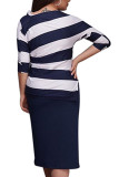 Navy Blue Cotton Fashion Casual adult Ma'am Striped Print Two Piece Suits Straight Half Sleeve Two Pieces