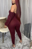 Wine Red Fashion Sexy Polyester Solid Frenulum Pants With Belt Bateau Neck Skinny Jumpsuits