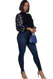 Navy Blue O Neck Long Sleeve Patchwork asymmetrical Solid Long Sleeve Tops