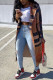 Khaki Fashion Casual Print Cardigan Turndown Collar Outerwear