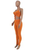 Orange Sexy Casual Solid Hollowed Out Backless Spaghetti Strap Sleeveless Two Pieces