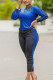 Color blue Polyester Fashion Sexy adult Ma'am O Neck Patchwork Solid Two Piece Suits Stitching Plus Size