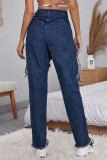 Deep Blue Fashion Sexy Solid Tassel Ripped High Waist Straight Jeans