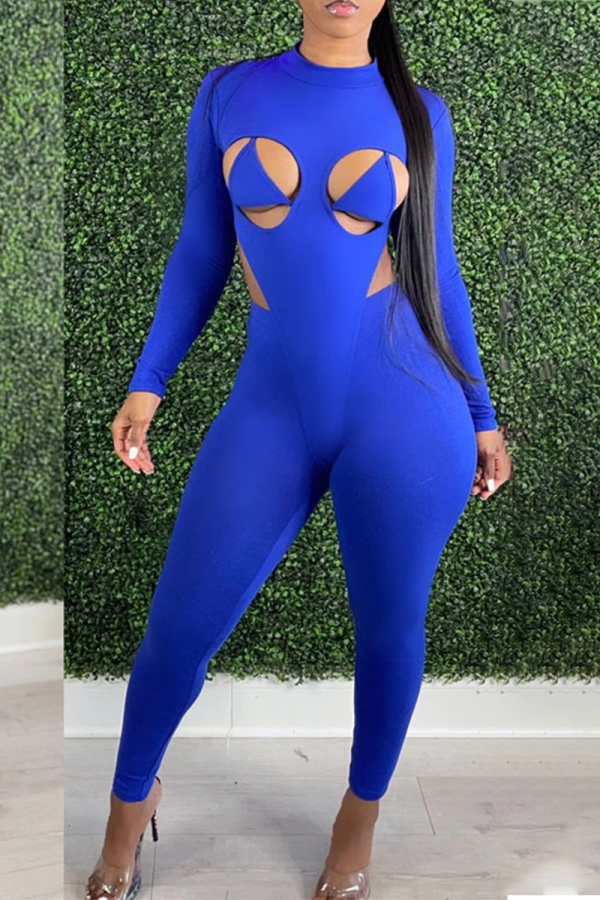Blue Sexy Solid Patchwork Half A Turtleneck Long Sleeve Two Pieces