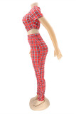Red Fashion Casual Plaid Print Hollowed Out O Neck Short Sleeve Two Pieces