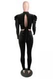 Black Polyester adult Casual Fashion Two Piece Suits Solid Patchwork pencil Long Sleeve Two-piece Pants S
