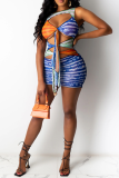 Blue Sexy Print Hollowed Out V Neck Pencil Skirt Dresses