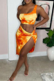 Orange Fashion Sexy Print Tie-dye One Shoulder Sleeveless Two Pieces