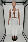 White Casual Solid Frenulum O Neck Sleeveless Two Pieces