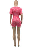 Pink Fashion Casual Solid Strap Design V Neck Short Sleeve Two Pieces
