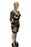 Multicolor Fashion Sexy Print Basic Square Collar Long Sleeve Dresses