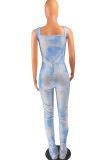 Blue Fashion street Print Tie-dyed Sleeveless Square Jumpsuits