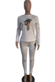 White venetian Casual Print Patchwork Two Piece Suits pencil Long Sleeve 