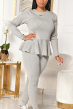Blue Casual Polyester Solid Bandage Make Old Flounce O Neck Long Sleeve Regular Sleeve Regular Two Pieces
