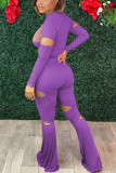 Pink Sexy Solid Ripped Patchwork Fold O Neck Long Sleeve Two Pieces