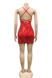 Red Fashion Sexy Patchwork Sequins Backless V Neck Sling Dress