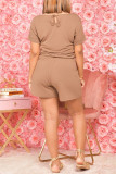 Light Coffee Fashion Casual Solid Basic O Neck Regular Short Sleeve Romper