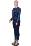 Royal blue Casual Solid Split Joint O Neck Long Sleeve Two Pieces