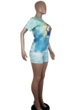 Blue Polyester Fashion Casual Print Character Two Piece Suits Straight Short Sleeve Two Pieces