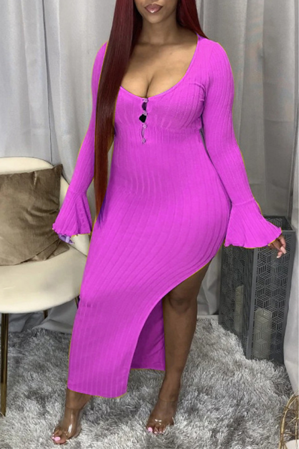 Purple Sexy Solid Split Joint O Neck Irregular Dress Dresses
