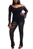 Black Fashion Street Adult Solid Fold Bateau Neck Skinny Jumpsuits