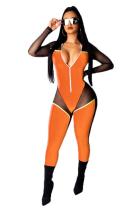 Orange Casual Fashion Patchwork Mesh Print perspective Polyester Long Sleeve V Neck Jumpsuits