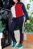 Green Casual Color Block Patchwork Zipper Collar Long Sleeve Two Pieces