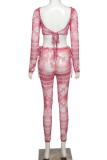 Red Fashion Sexy Print Strap Design Square Collar Long Sleeve Two Pieces