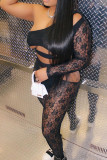 Black Fashion Sexy Solid Hollowed Out See-through One Shoulder Long Sleeve Two Pieces