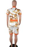 Orange Casual Fashion Bandage Geometric Two Piece Suits Zippered Regular Two-Piece Short Set