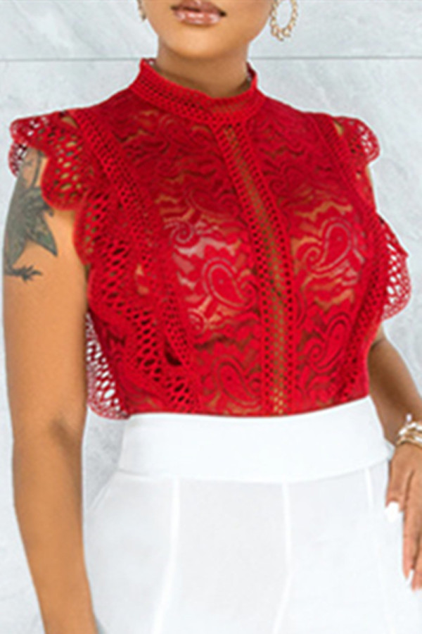 Red Fashion Sexy Solid Hollowed Out See-through O Neck Skinny Bodysuits