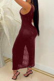 Deep Blue Sexy Solid Hollowed Out Slit O Neck Sleeveless Dress