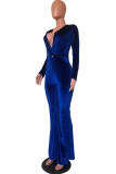 Blue Sexy Solid Split Joint Knotted V Neck Regular Jumpsuits