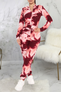 Wine Red Sexy Patchwork Tie-dye Hooded Collar Long Sleeve Two Pieces