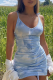 Water Blue Sexy Print Patchwork Spaghetti Strap Pencil Skirt Dresses