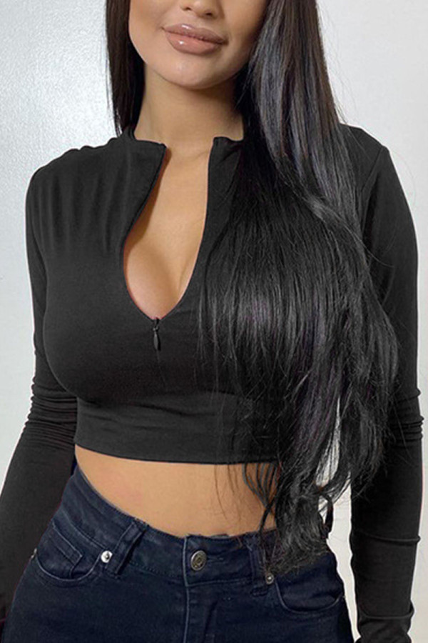 Black Work Daily Solid Patchwork O Neck Mid Waist Tops