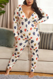 White Sexy Living Polyester Knitting Character Print Buttons V Neck Skinny Jumpsuits