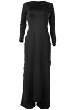 Black Fashion British Style Adult Polyester Solid Slit O Neck Long Sleeve Regular Sleeve Long Two Pieces