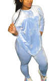Lake Blue Sexy Polyester Solid Split Joint O Neck Long Sleeve Regular Sleeve Regular Two Pieces