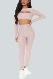 Pink Sexy Solid Hollowed Out O Neck Long Sleeve Two Pieces