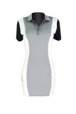 Grey Sexy Fashion Cap Sleeve Short Sleeves Turndown Collar Step Skirt skirt Patchwork Print chain