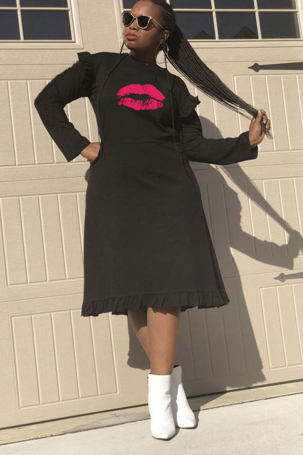 Black Fashion Sexy Cap Sleeve Long Sleeves O neck A-Line Knee-Length ruffle Patchwork Print Club Dresses