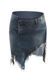 Light Blue Denim Button Fly Sleeveless Mid Patchwork Solid Asymmetrical Old Hip skirt Capris Bottoms