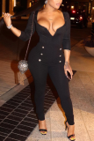 Black Sexy Solid Patchwork V Neck Skinny Jumpsuits